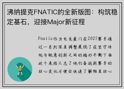 沸纳提克FNATIC的全新版图：构筑稳定基石，迎接Major新征程